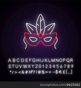 Masks neon light icon. Carnival dressing. Costume for masquerade. Fantasy orante face mask. Outer glowing effect. Sign with alphabet, numbers and symbols. Vector isolated RGB color illustration. Masks neon light icon