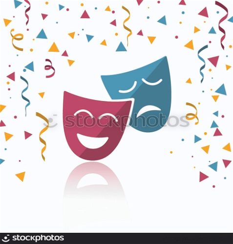 Masks with confetti and reflection on white background