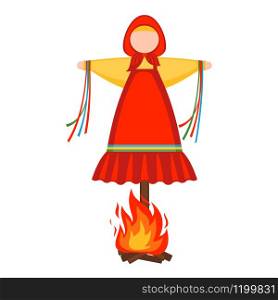 Maslenitsa doll icon with bonfire in flat style isolated on white background for slavic traditional russian winter festival.Marena doll for Shrovetide posters,cards and banners.Vector illustration.. Maslenitsa doll vector icon in flat style isolated on white background for slavic traditional russian winter festival.