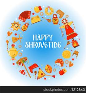Maslenitsa or Shrovetide greeting card in flat style isolated on white background. Traditional Russian holiday Carnival. Design element for cards, poster or banner. Vector illustration.. Maslenitsa or Shrovetide vector greeting card in flat style isolated on white background.