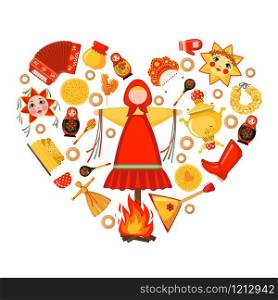 Maslenitsa or Shrovetide greeting card in heart shape in flat style isolated on white background. Traditional Russian holiday Carnival. Design element for cards, poster or banner. Vector illustration.. Maslenitsa or Shrovetide vector greeting card in heart shape in flat style isolated on white background.