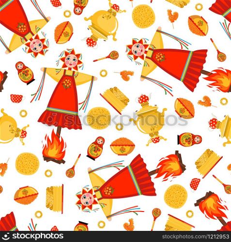 Maslenitsa seamless pattern in flat style isolated on white background. Traditional Russian holiday Carnival. Design element for poster, banner, card, fabric or textile. Vector illustration.. Maslenitsa or Shrovetide vector seamless pattern in flat style isolated on white background.