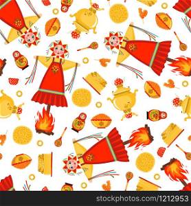 Maslenitsa seamless pattern in flat style isolated on white background. Traditional Russian holiday Carnival. Design element for poster, banner, card, fabric or textile. Vector illustration.. Maslenitsa or Shrovetide vector seamless pattern in flat style isolated on white background.