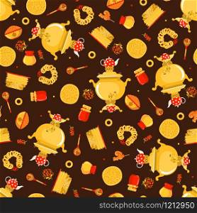 Maslenitsa seamless pattern in flat style on brown background. Traditional Russian holiday Carnival. Design element for poster, banner, card, fabric or textile. Vector illustration.. Maslenitsa or Shrovetide vector seamless pattern in flat style on brown background.
