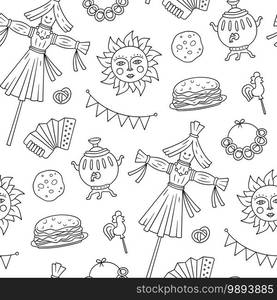 Maslenitsa seamless pattern. Pancake week elements - blins, sun, scarecrow of winter, accordion. Shrovetide. Vector illustration on doodle style on white background. Maslenitsa seamless pattern. Pancake week elements - blins, sun, scarecrow of winter, accordion. Shrovetide. Vector illustration