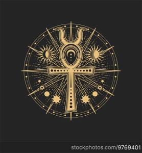 Mason sign, occult and esoteric symbol. Egyptian Ankh sign, vector magic tarot cards, sacred cross, star rays, sun and moon inside of golden circle. Religion spiritual occult amulet, tattoo design. Mason sign, occult and esoteric Egyptian Ankh sign
