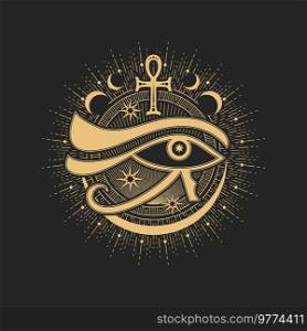 Mason sign, occult and esoteric symbol. Vector Eye of providence, Egyptian Ankh, stars and moon inside of golden sun circle. Magic tarot card sign, sacred religion spiritual occult amulet, tattoo. Mason sign, occult and esoteric symbol, Eye, Ankh