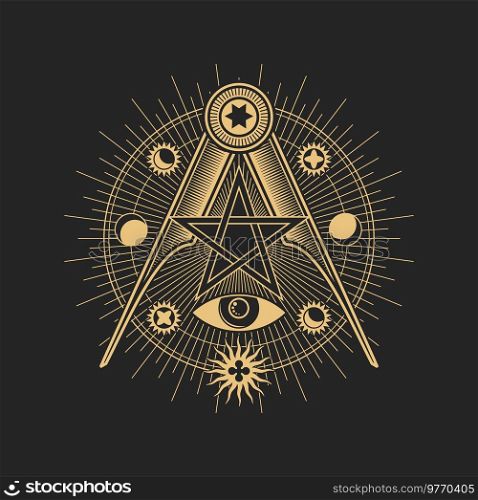 Mason sign, occult esoteric pentagram symbol of eye and compasses, masonic illuminati vector circle. Mason and freemason gold sign of star and pyramid with celestial sun and moon, tarot symbol. Mason sign, occult and esoteric pentagram symbol