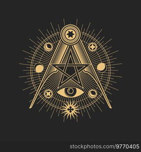 Mason sign, occult esoteric pentagram symbol of eye and compasses, masonic illuminati vector circle. Mason and freemason gold sign of star and pyramid with celestial sun and moon, tarot symbol. Mason sign, occult and esoteric pentagram symbol