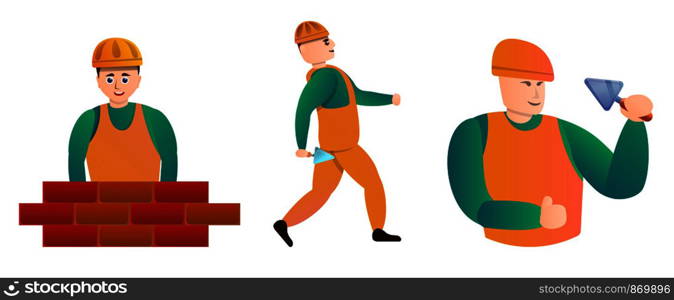 Masonry worker icons set. Cartoon set of masonry worker vector icons for web design. Masonry worker icons set, cartoon style