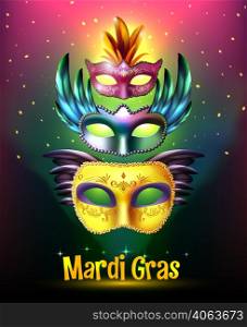 Masquerade background poster with realistic set of glossy carnival masks with wings stellar background and title vector illustration. Mardi Gras Carnival Poster