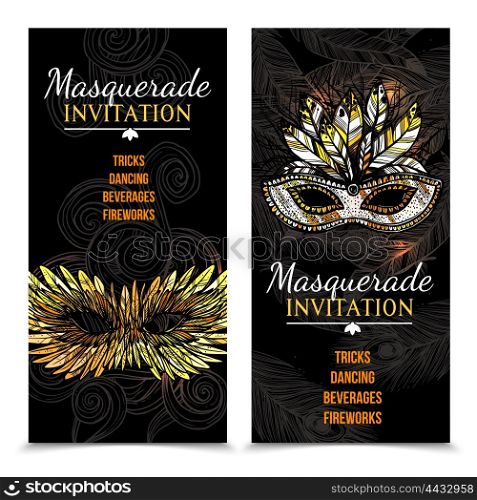 Masquerade Carnival Banners. Vertical masquerade carnival invitation banners with colorful feather mask on dark backgrounds with feathers and patterns hand drawn isolated vector illustration