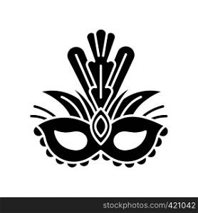 Masquerade mask black glyph icon. Traditional headwear with plumage. Ethnic festival. National holiday parade. Silhouette symbol on white space. Vector isolated illustration