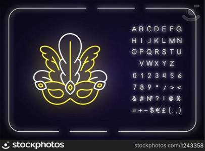 Masquerade mask neon light icon. Brazilian traditional headwear with plumage. Ethnic festival. Outer glowing effect. Sign with alphabet, numbers and symbols. Vector isolated RGB color illustration