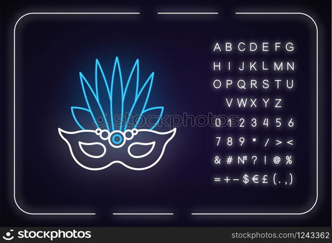Masquerade mask neon light icon. Traditional headwear with leaves. National holiday parade. Outer glowing effect. Sign with alphabet, numbers and symbols. Vector isolated RGB color illustration