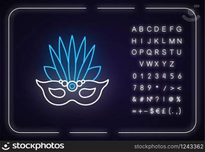 Masquerade mask neon light icon. Traditional headwear with leaves. National holiday parade. Outer glowing effect. Sign with alphabet, numbers and symbols. Vector isolated RGB color illustration