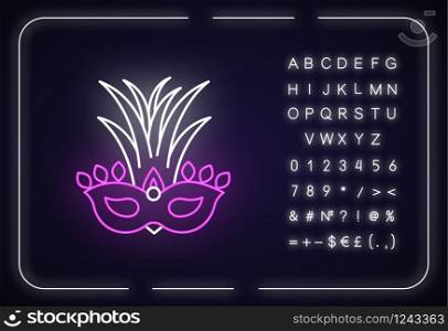 Masquerade mask neon light icon. Traditional headwear with palm leaves. National holiday parade. Outer glowing effect. Sign with alphabet, numbers and symbols. Vector isolated RGB color illustration