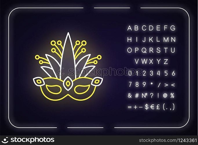 Masquerade mask neon light icon. Traditional headwear with plant leaves. Ethnic festival. Outer glowing effect. Sign with alphabet, numbers and symbols. Vector isolated RGB color illustration