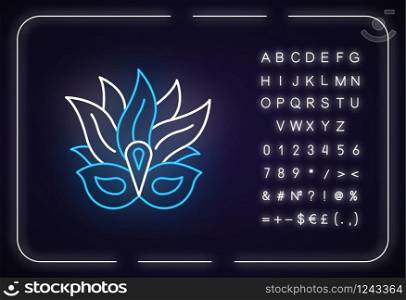 Masquerade mask neon light icon. Traditional headwear with plumage. Brazil ethnic festival. Outer glowing effect. Sign with alphabet, numbers and symbols. Vector isolated RGB color illustration