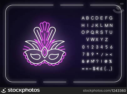 Masquerade mask neon light icon. Traditional headwear with plumage. Ethnic festival. Outer glowing effect. Sign with alphabet, numbers and symbols. Vector isolated RGB color illustration