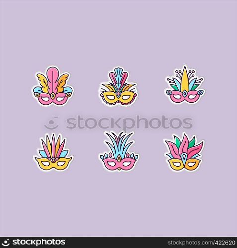 Masquerade masks printable patches. Traditional headwear with plumage. RGB color stickers, pins and badges set. Ethnic festival. Brazilian national holiday. Vector isolated illustrations