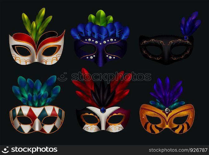 Masquerade masks realistic. Masked fashion party carnival vector realistic illustrations isolated. Colored masquerade mask for carnival, face decoration. Masquerade masks realistic. Masked fashion party carnival vector realistic illustrations isolated