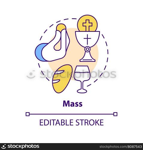 Mass concept icon. Sacramental ritual in church. Religious practice abstract idea thin line illustration. Isolated outline drawing. Editable stroke. Arial, Myriad Pro-Bold fonts used. Mass concept icon