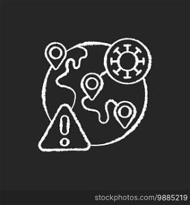 Mass diseases chalk white icon on black background. Epidemics problems for all people. Dangerous disease creation. Pandemics all around planet. Isolated vector chalkboard illustration. Mass diseases chalk white icon on black background