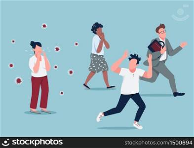 Mass hysteria flat concept vector illustration. People running from contagious person in panic 2D cartoon characters for web design. Coronavirus outbreak, covid pandemic, virus spread creative idea. Mass hysteria flat concept vector illustration