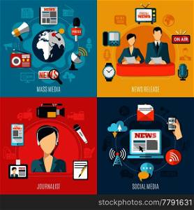 Mass media 2x2 design concept with news release social media journalist square compositions flat vector illustration. Media 2x2 Design Concept