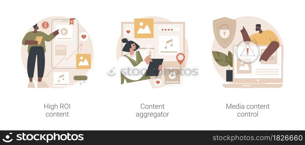 Mass media abstract concept vector illustration set. High ROI content, news aggregator software, media content control and monitoring, digital strategy, social media marketing abstract metaphor.. Mass media abstract concept vector illustrations.