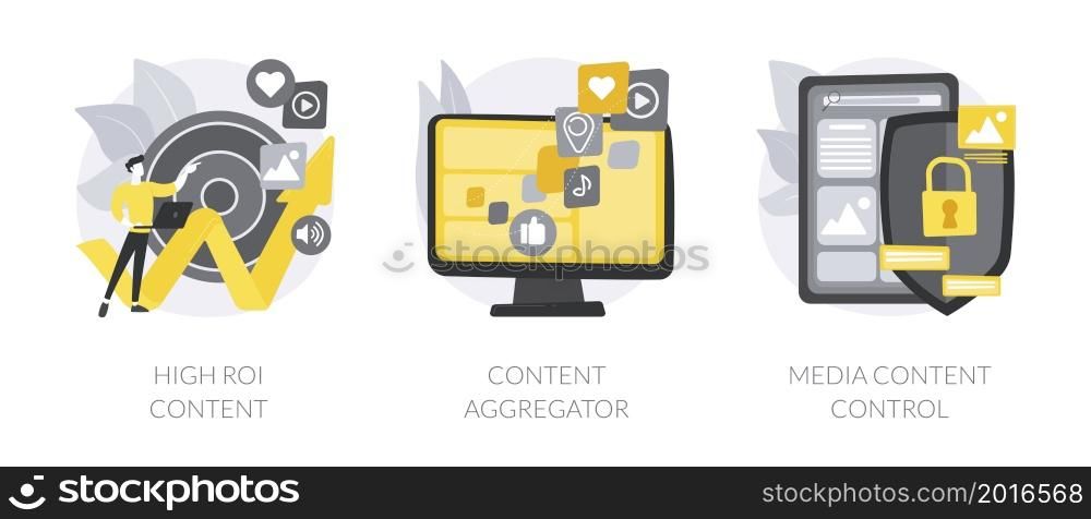 Mass media abstract concept vector illustration set. High ROI content, news aggregator software, media content control and monitoring, digital strategy, social media marketing abstract metaphor.. Mass media abstract concept vector illustrations.