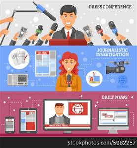 Mass Media Banners Set. Mass media horizontal banners set with press conference journalistic investigation and daily news symbols flat isolated vector illustration