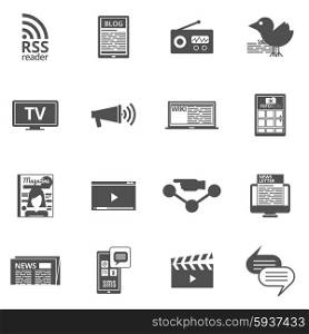 Mass media black icons set . Mass media communication technology black icons set with internet television newspaper electronic broadcasting abstract isolated vector illustration