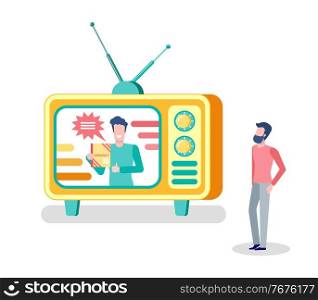 Mass media broadcasting, tv set and person watching show vector. Potential customer, male host promoting product and smiling, television influence people. Old Fashioned TV Set with Antenna Show Broadcast