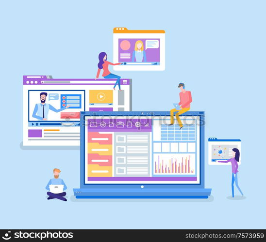 Mass media broadcasting videos vector. Laptops with infographics and charts, host of show. Business digital marketing and promotion of product concept. Charts and Infographics on Laptop, Mass Media