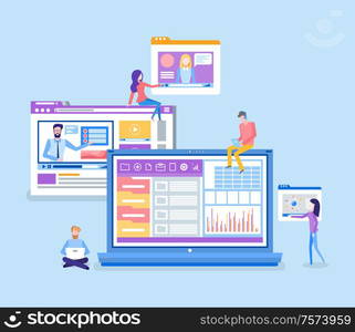 Mass media broadcasting videos vector. Laptops with infographics and charts, host of show. Business digital marketing and promotion of product concept. Charts and Infographics on Laptop, Mass Media