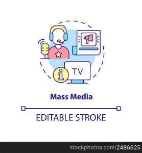 Mass media concept icon. Large audience communication. Social institution abstract idea thin line illustration. Isolated outline drawing. Editable stroke. Arial, Myriad Pro-Bold fonts used. Mass media concept icon