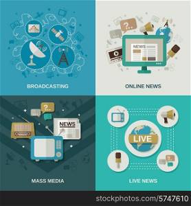 Mass media design concept set with broadcasting online news live news flat icons isolated vector illustration