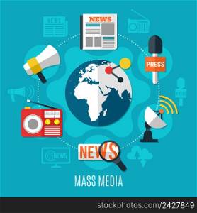 Mass media design concept with world sign in centre and news information icons around flat vector illustration. Mass Media Design Concept