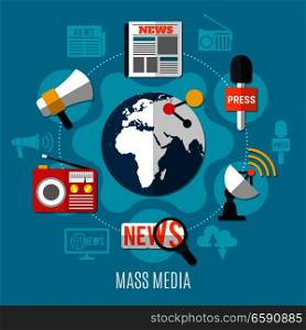 Mass media design concept with world sign in centre and news information icons around flat vector illustration. Mass Media Design Concept