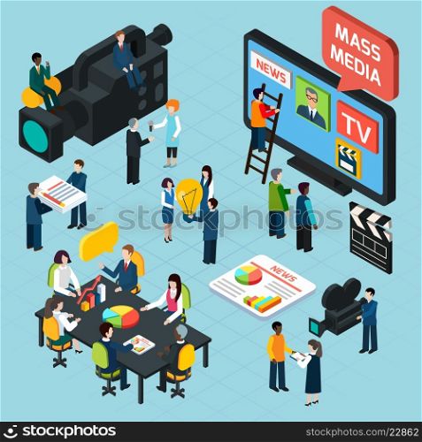 Mass Media Isometric Concept. Mass media isometric design concept set with journalists preparing news materials operators working with camera and interviewer vector illustration