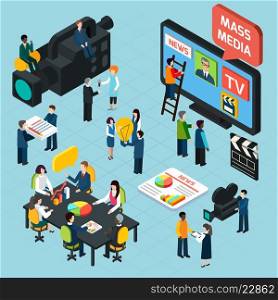 Mass Media Isometric Concept. Mass media isometric design concept set with journalists preparing news materials operators working with camera and interviewer vector illustration