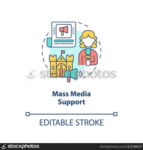 Mass media support concept icon. Awareness of heritage value. Developmental activity abstract idea thin line illustration. Isolated outline drawing. Editable stroke. Arial, Myriad Pro-Bold fonts used. Mass media support concept icon