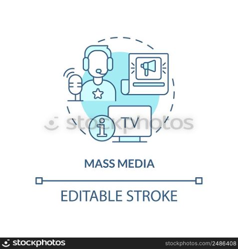 Mass media turquoise concept icon. Large audience communication. Social institution abstract idea thin line illustration. Isolated outline drawing. Editable stroke. Arial, Myriad Pro-Bold fonts used. Mass media turquoise concept icon