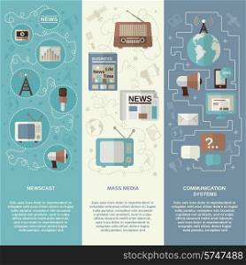 Mass media vertical banner set with newscast communication systems flat elements isolated vector illustration