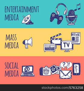 Mass social media entertainment horizontal hand drawn banner set isolated vector illustration