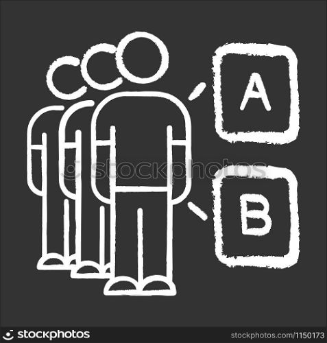 Mass survey chalk icon. Focus group. Alternative option. People choose answer. Info research, data collection. Public opinion evaluation. Voting. Checklist. Isolated vector chalkboard illustration