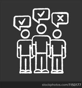 Mass survey chalk icon. Social opinion, public poll. People voting. Agree and disagree. Correct, incorrect. Approve and disapprove. Positive, negative feedback. Isolated vector chalkboard illustration