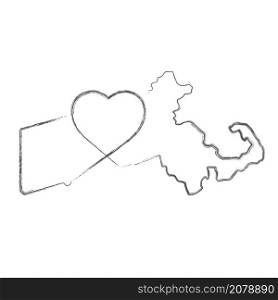 Massachusetts US state hand drawn pencil sketch outline map with heart shape. Continuous line drawing of patriotic home sign. A love for a small homeland. T-shirt print idea. Vector illustration.. Massachusetts US state hand drawn pencil sketch outline map with the handwritten heart shape. Vector illustration